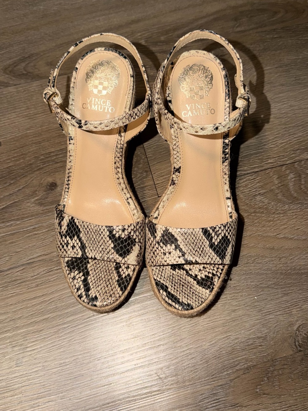 Vince Camuto Beige and Black Snake-Print Ankle Strap Sandals